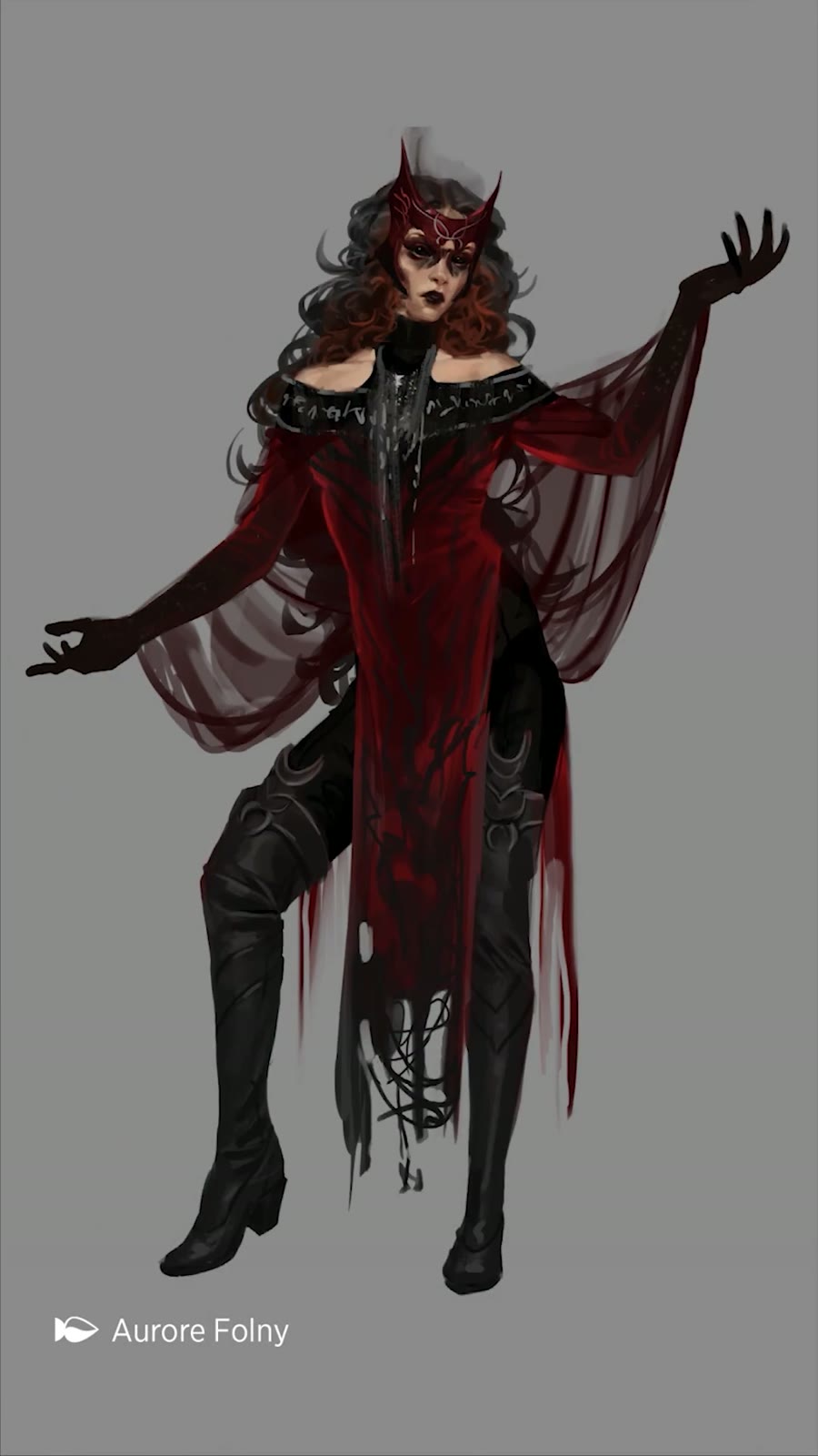 Arte conceptual de una hechicera con tocado carmesí que recuerda a Wanda Maximoff