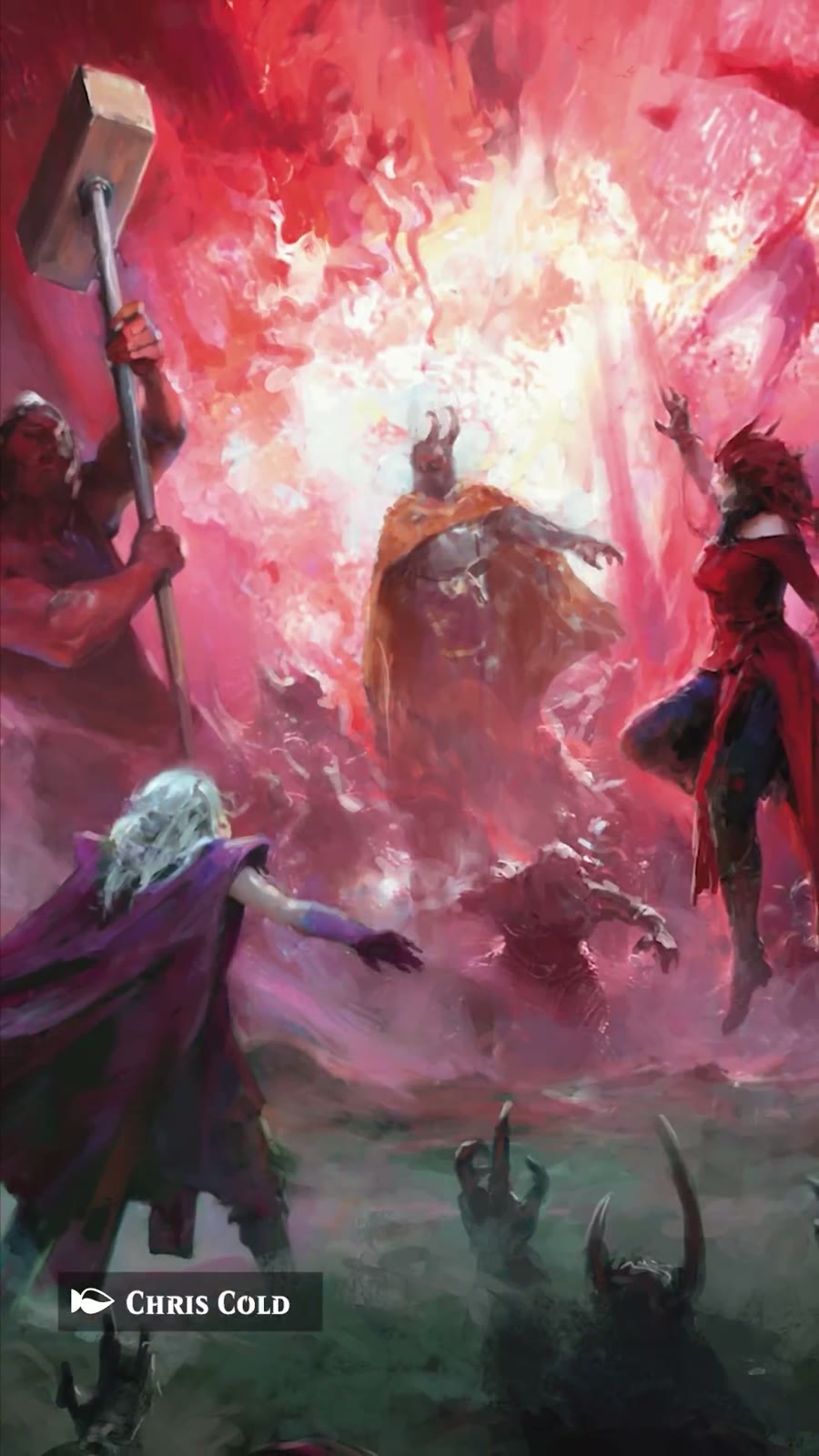 Varios hechiceros alrededor de una explosión roja en un cementerio, arte de Chris Cold