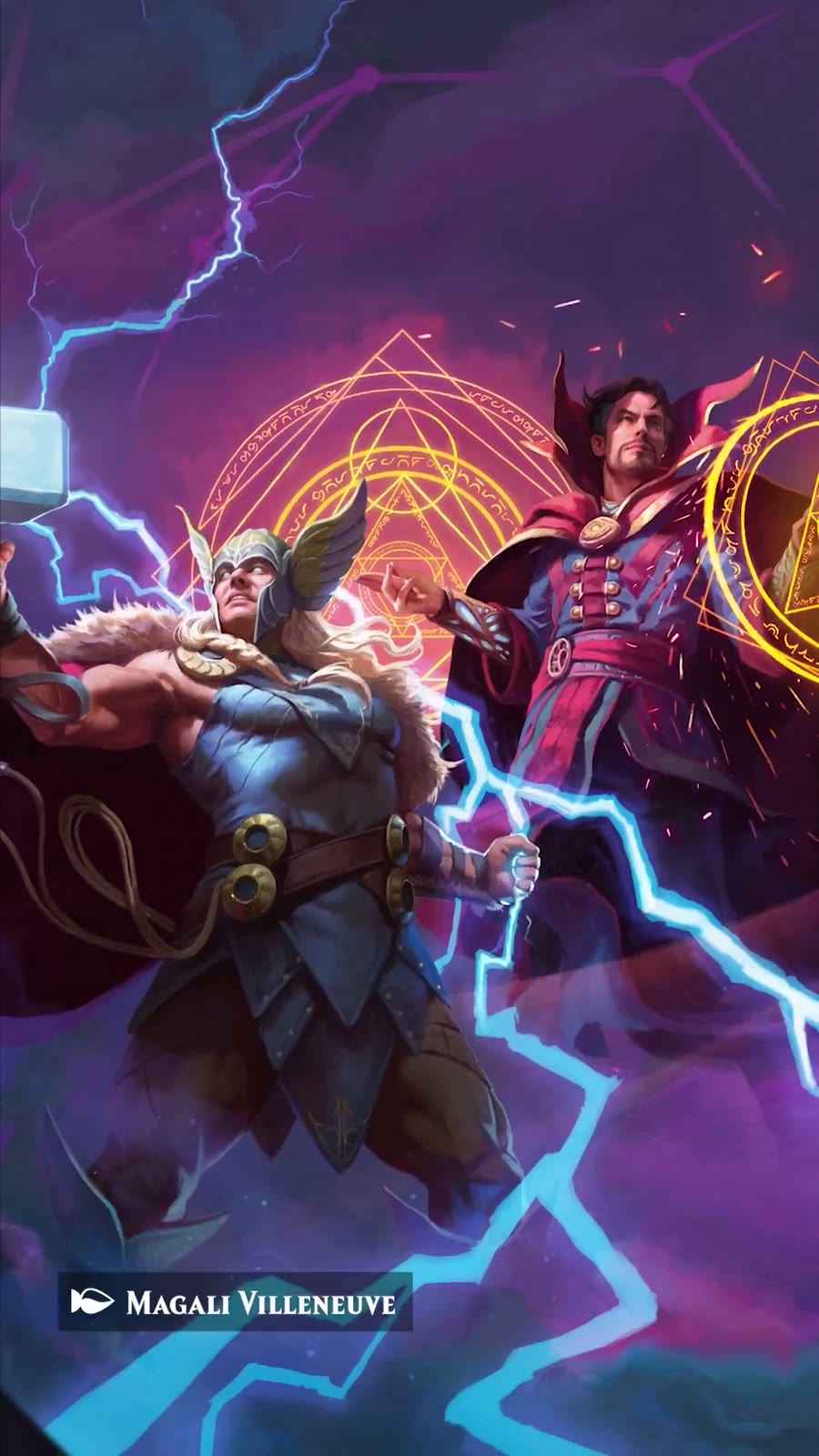 Thor con su martillo y Doctor Strange de capa roja rodeados de relámpagos