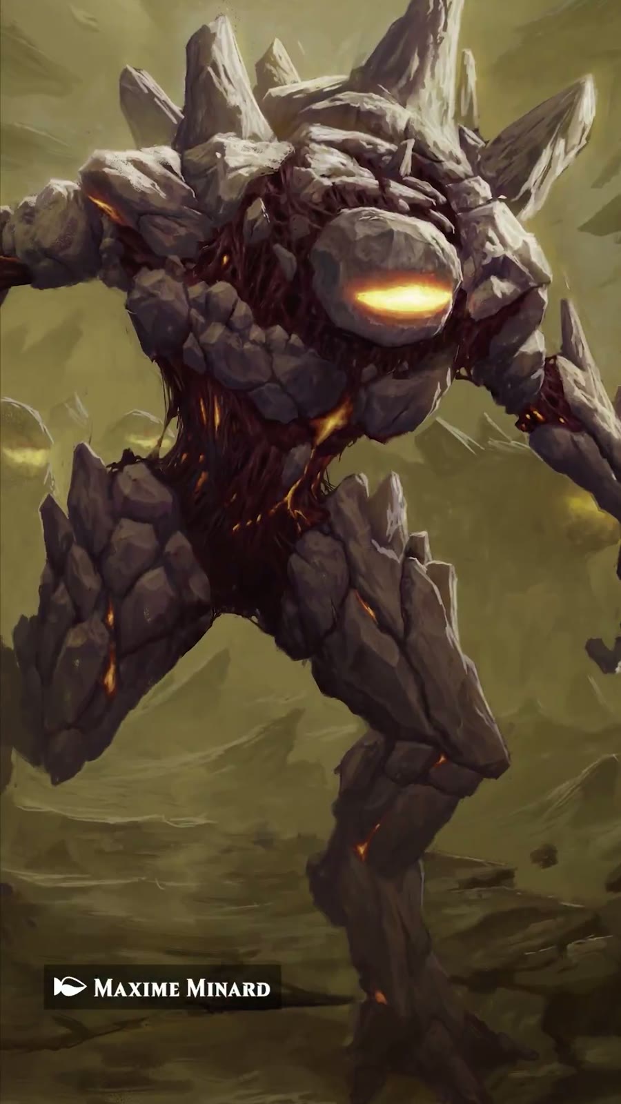 Criatura de piedra con grietas incandescentes, arte de Maxime Minard