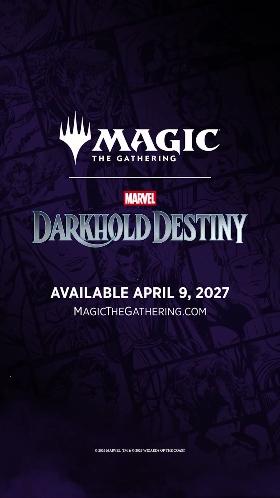Pantalla final del tráiler oficial con el logotipo de Marvel: Darkhold Destiny y la fecha 9 de abril de 2027