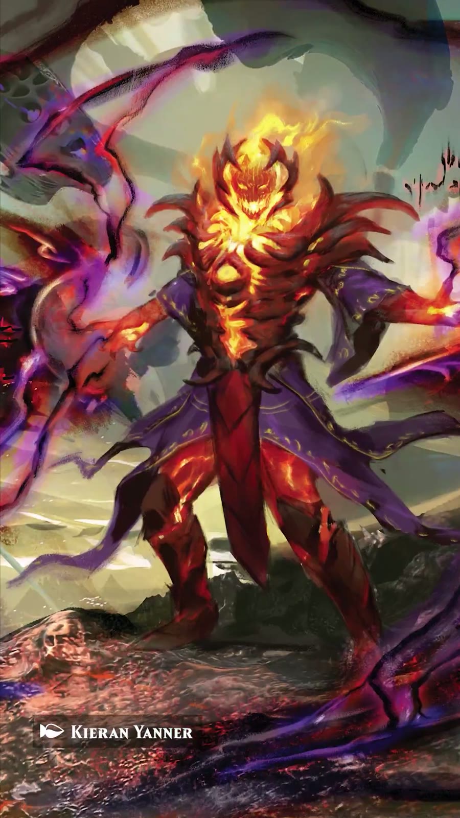 Dormammu con la cabeza en llamas y armadura roja entre sombras