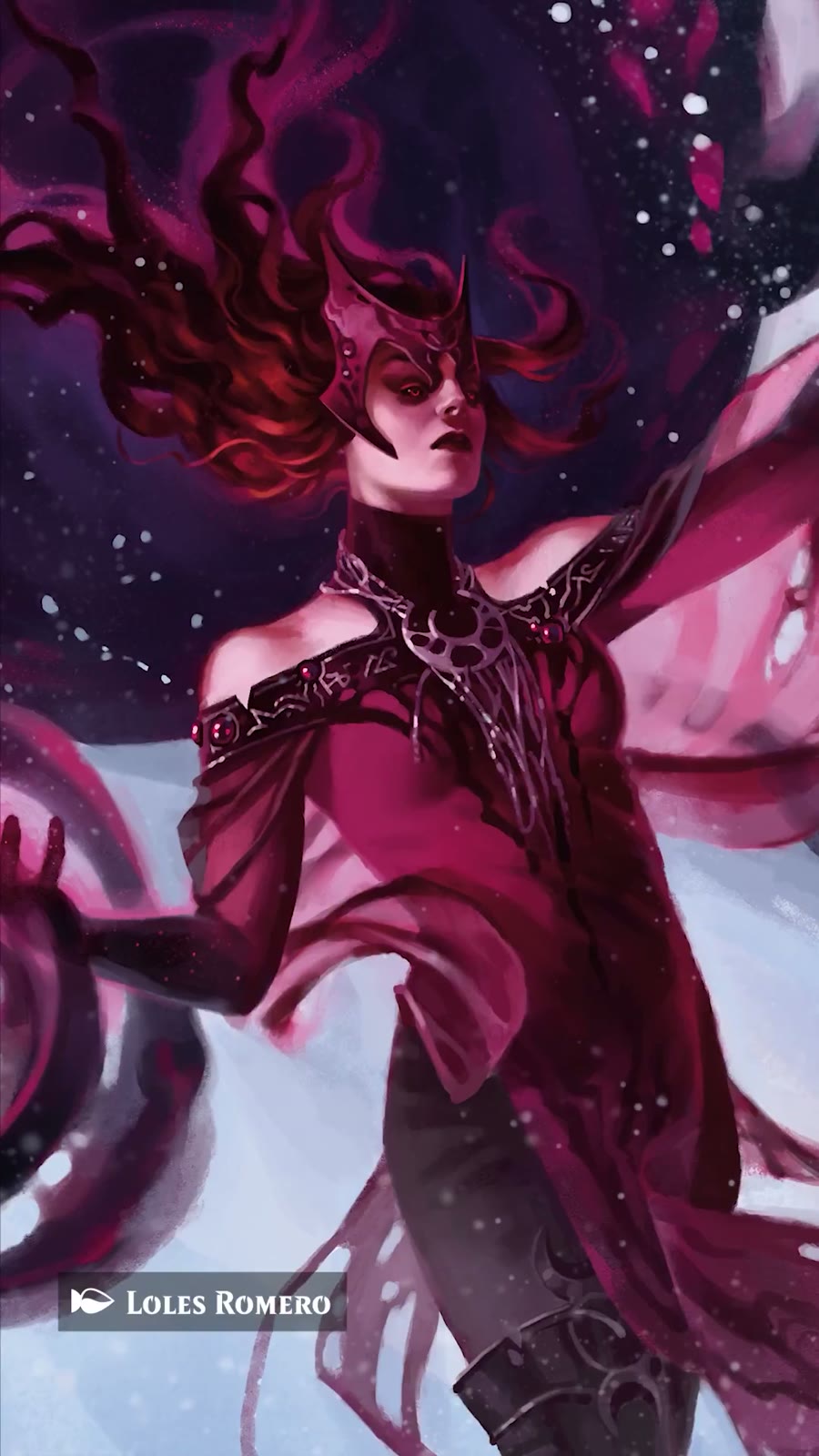 Scarlet Witch con tocado rojo y velos carmesí flotando sobre un paisaje nevado