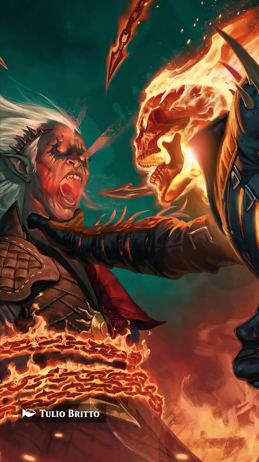 Ghost Rider con cráneo en llamas frente a un personaje entre cadenas de fuego