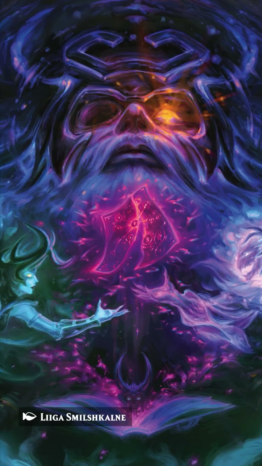 Rostro gigante de energía morada sobre un tomo, evocando a Odín, Hela y Dormammu