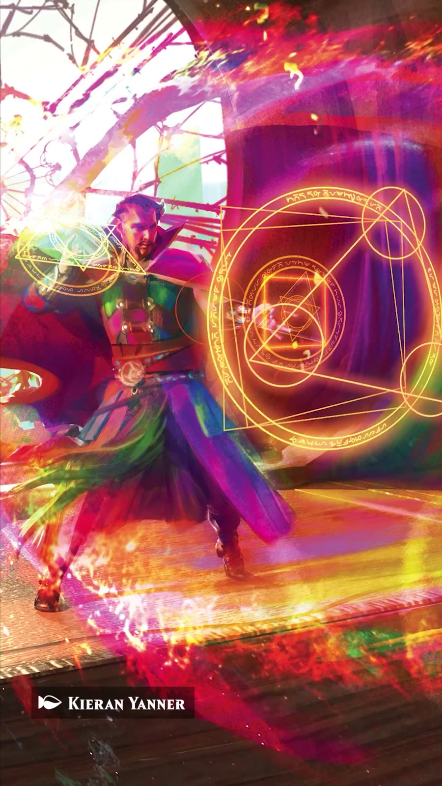 Doctor Strange conjurando círculos y sellos mágicos de luz