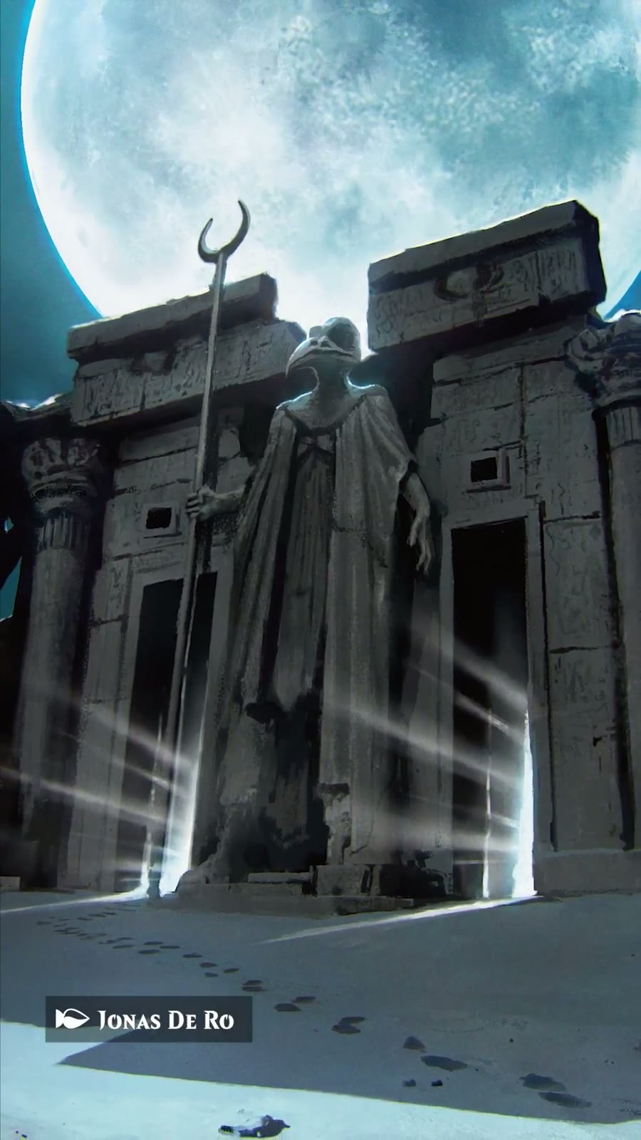 Templo de Khonshu con estatuas encapuchadas bajo una luna enorme