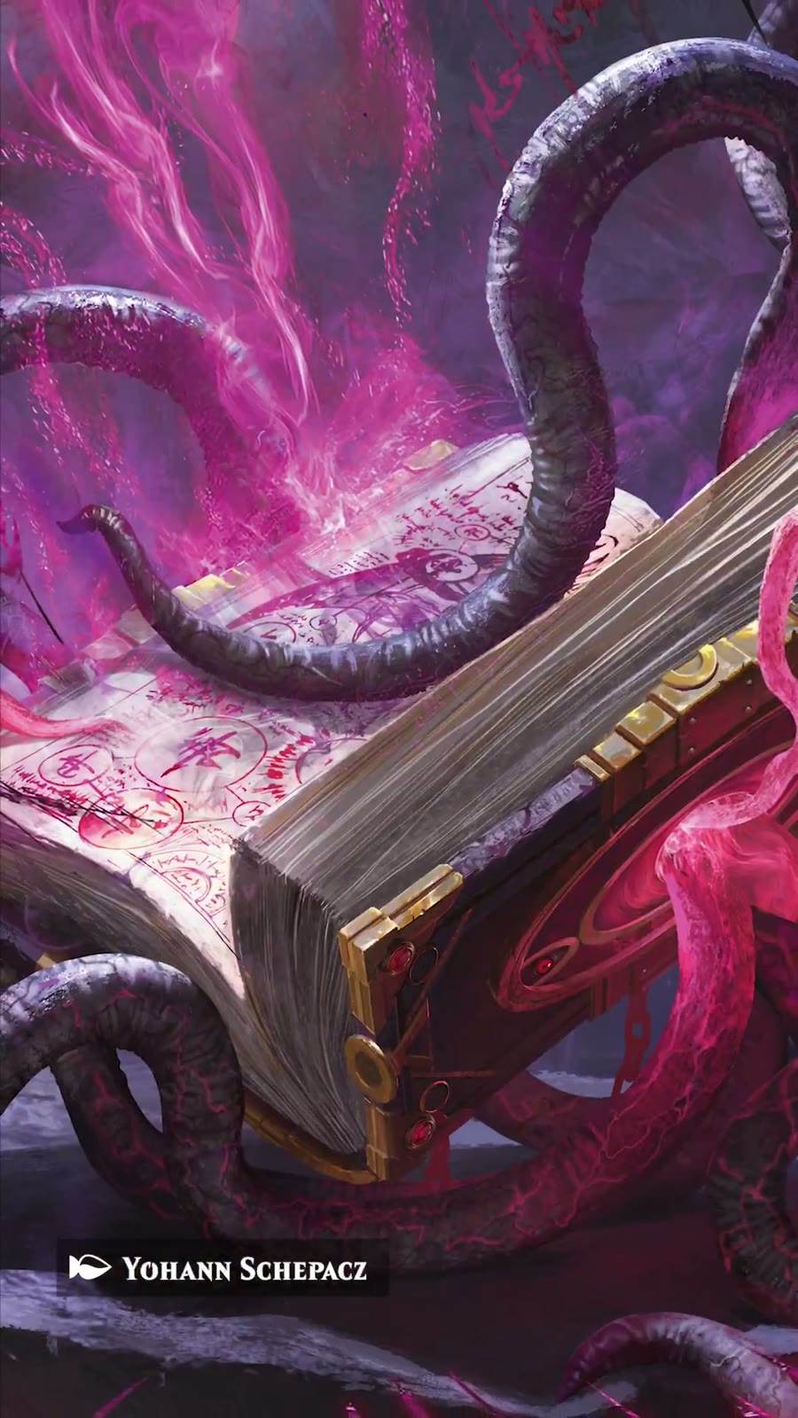 Libro antiguo encuadernado en rojo con tentáculos y energía mágica, arte de Yohann Schepacz