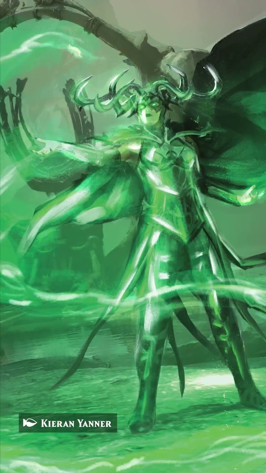 Hela con su tocado de cuernos rodeada de energía verde