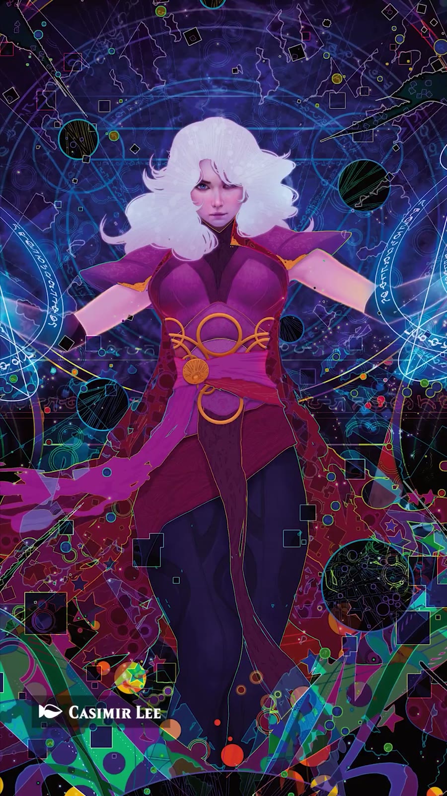 Clea, hechicera de cabello blanco y traje magenta, frente a símbolos cósmicos