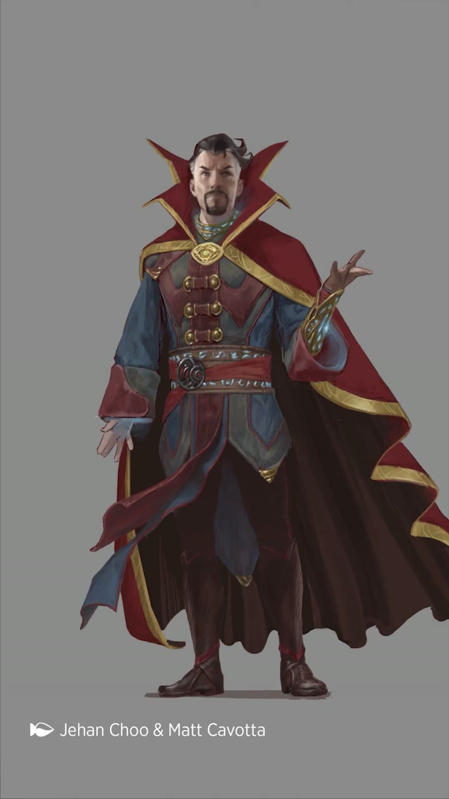 Arte conceptual de Doctor Strange de cuerpo entero, con capa roja y túnica azul