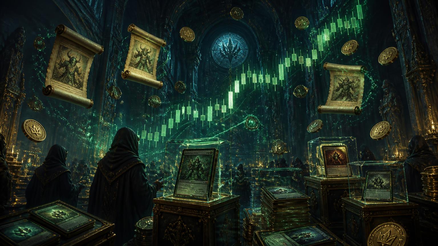 Bóveda arcana con gráficos de mercado y cartas coleccionables